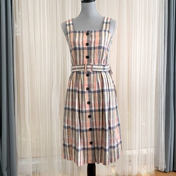 Gal Meets Glam Dresses & Skirts - GAL MEETS GLAM linen blend plaid square neck button front fit & flare dress